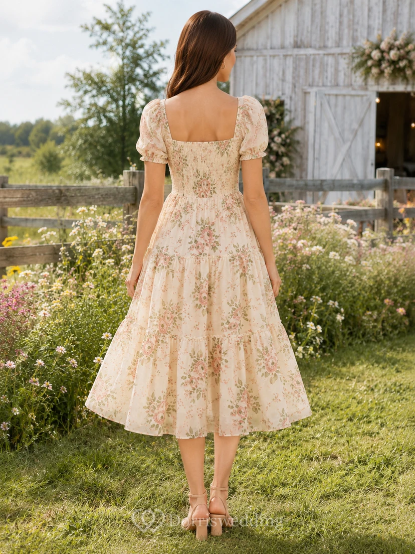 Western Champagne Floral Square Neck Organza A-Line Tea-Length Puff Sleeve Dress view 2