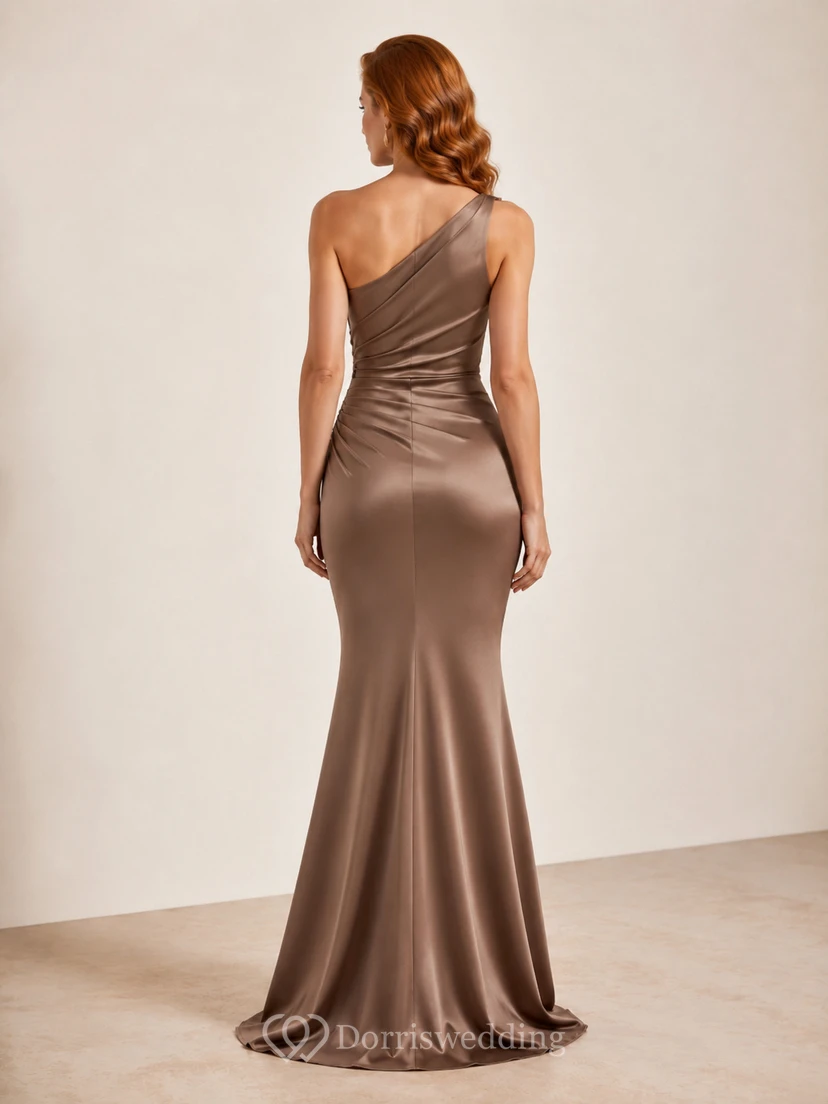 Mocha one shoulder ruched satin mermaid floor length evening dress view 2