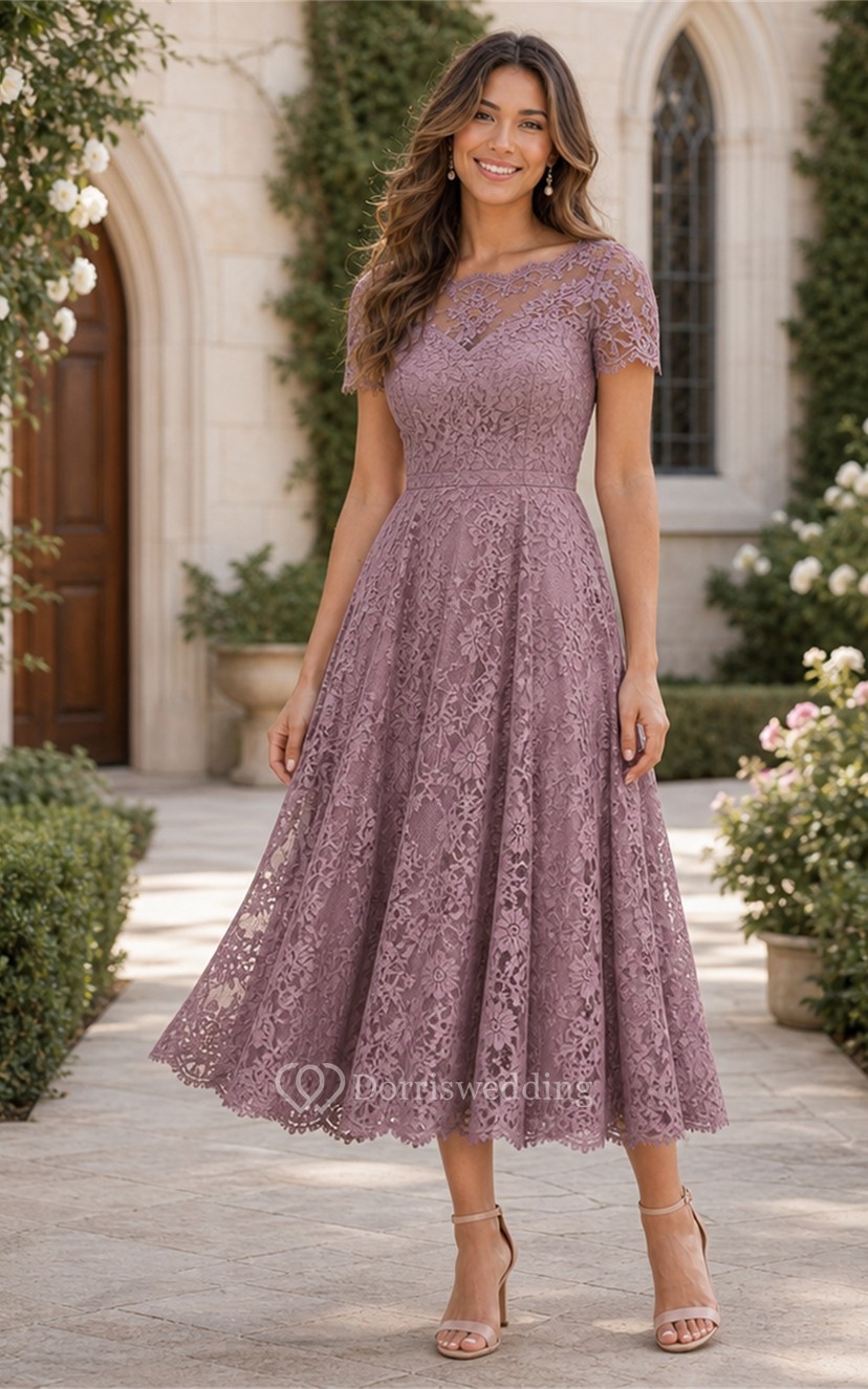Vintage Mauve Lace Cap Sleeve Tea-length Dress | Dorris Wedding