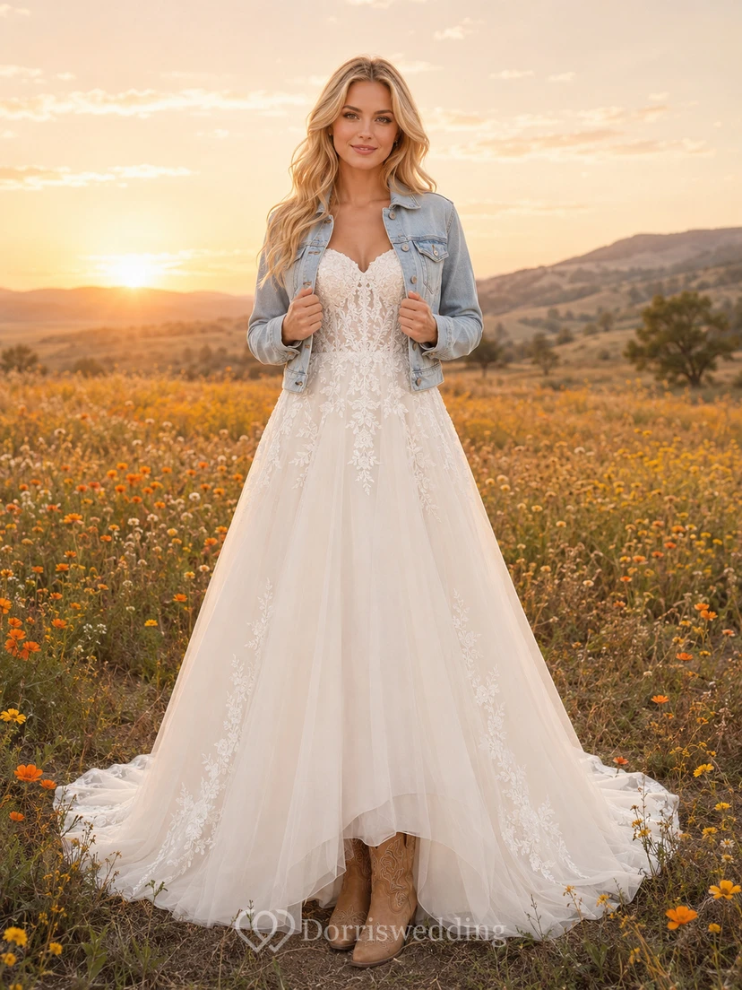 Chaqueta vaquera rústica estilo western con encaje y vestido de novia de corte A