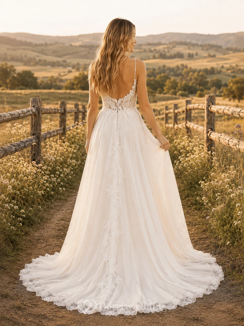 Boho Lace A-Line V-Neck Spaghetti Strap Country Wedding Dress view 2
