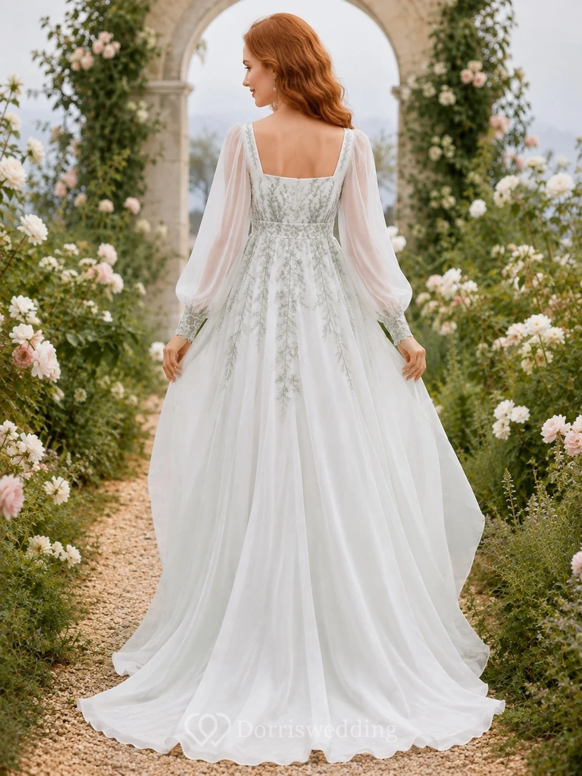 Celadon Whispered Bridal A-Line Square Long Sleeve Chapel Train Bohemian Romantic Gown view 2