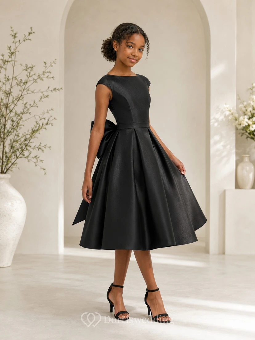 Schwarzes Brautjungfernkleid im A-Linien-Stil mit Strasssteinen, kurzen Ärmeln, Teelänge, Satinschleife, modern