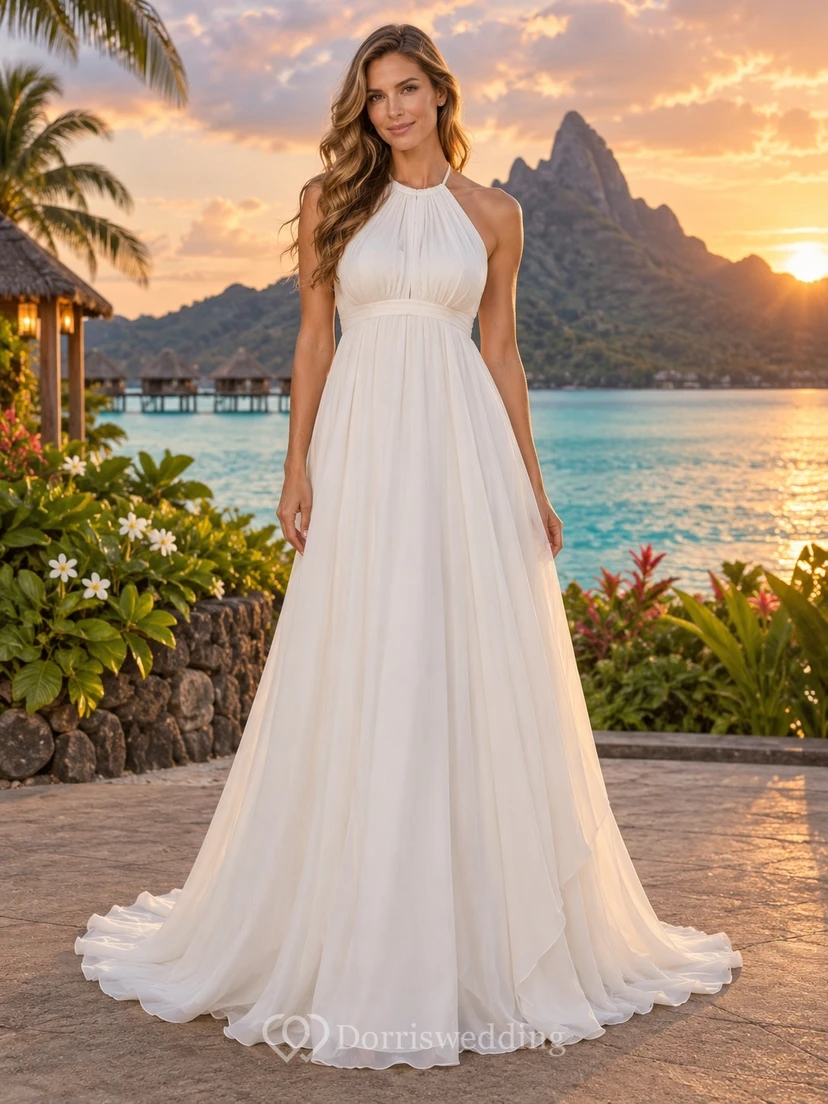 Einfaches, trägerloses, hochgeschlossenes, lockeres A-Linien-Kleid in Bodenlänge für Strandhochzeiten