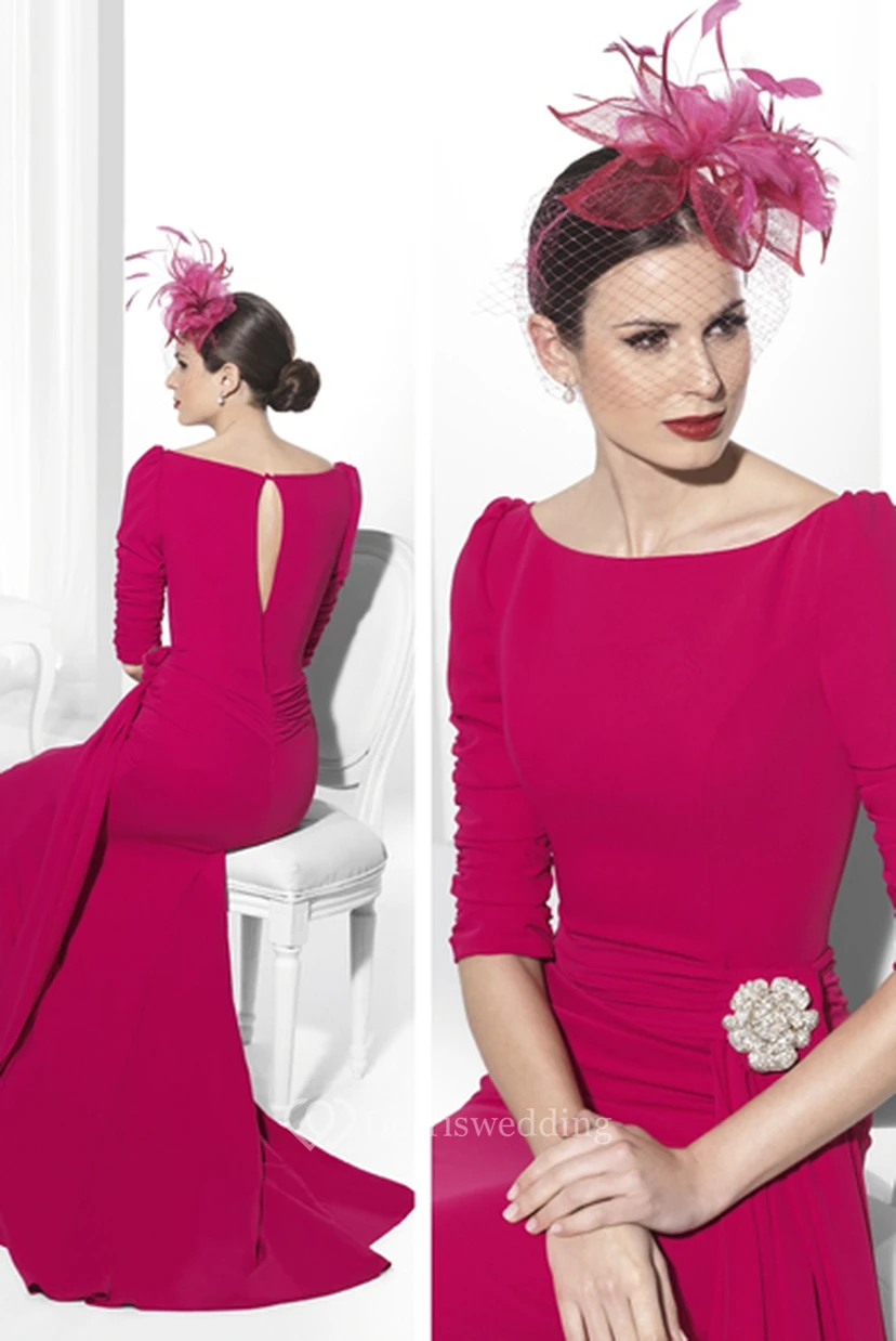 Half-Sleeve Long Scoop-Neck Broach Chiffon Prom Dress With Draping view 2