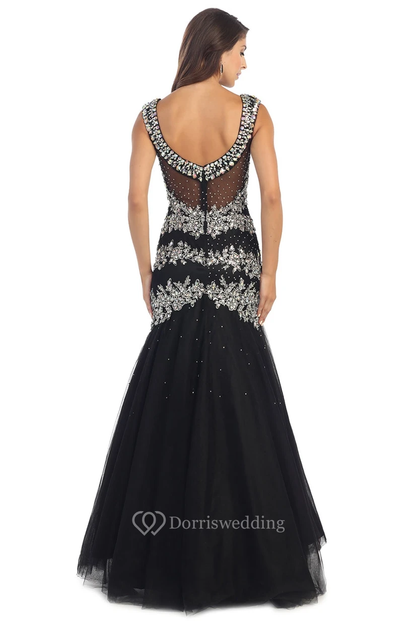 Mermaid V-Neck Sleeveless Tulle Low-V Back Dress With Beading And Pleats view 2