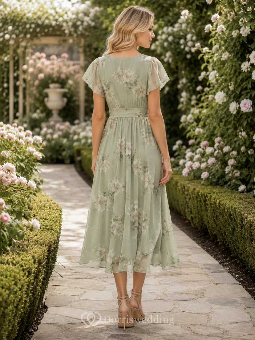 Salbeigrünes, sommerliches Gartenhochzeitsgastkleid, A-Linie, Chiffon, Spitze, V-Ausschnitt, kurze Ärmel, Teelänge, Blumenmuster view 2