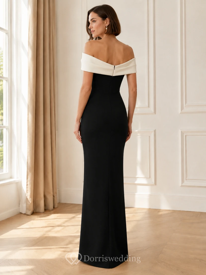 Elegante vestido de noche formal largo hasta el suelo, negro, con hombros descubiertos y ribete blanco de satén elástico. view 2