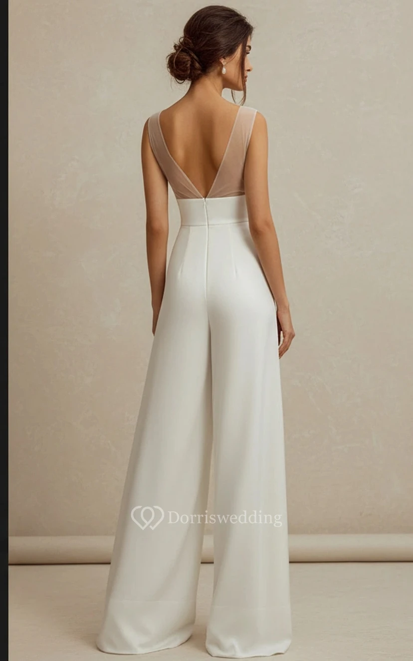 V-Neck Sheer Sleeve Floor Length Wedding Jumpsuit view 2