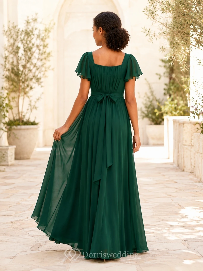 Dunkelgrünes Brautjungfernkleid im A-Linien-Schnitt mit kurzen, eckigen Ärmeln und Schärpe/Band, elegant und romantisch view 2