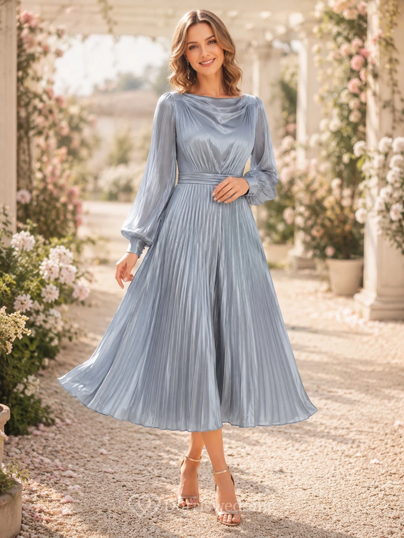 Robe d'invitée plissée bleu acier à col bateau et manches longues style poète