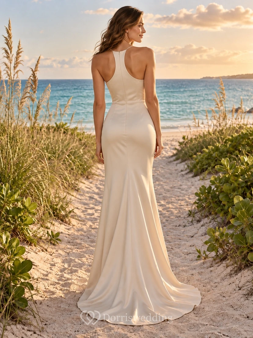 Brautkleid aus champagnerfarbenem Satin mit Meerjungfrauenschnitt, U-Boot-Ausschnitt, schlichtem ärmellosem Oberteil und Racerback-Rücken view 2