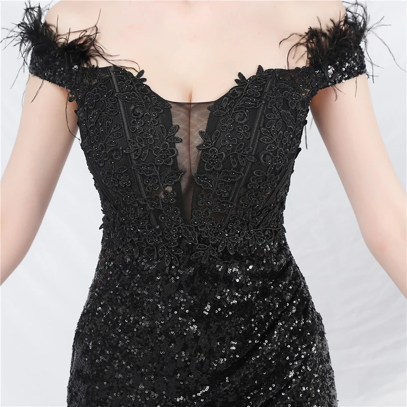 Vestido de noche de alta gama con chaleco de encaje de pelo de avestruz y diamantes, cintura de espina de pescado. view 8