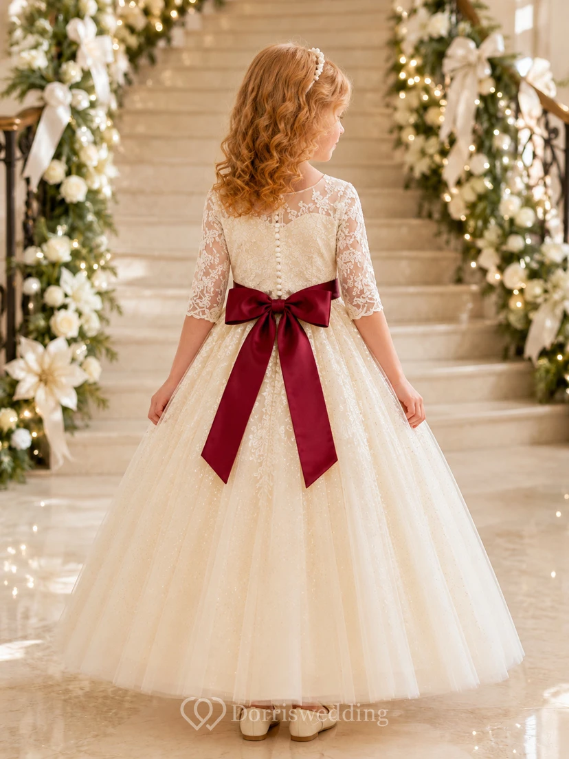 A-Line Christmas Wedding Flower Girl Dress with Cap Sleeves, Floral Lace Bodice, Tulle Skirt, Burgundy Waist Bow, Christmas Ceremony Style view 2