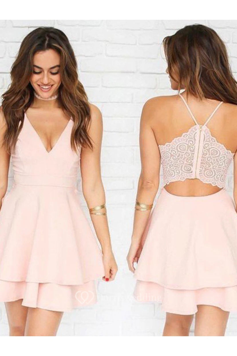 Ärmelloses Mini-Kleid aus Chiffon in A-Linie mit Spaghettiträgern, V-Ausschnitt, Reißverschluss und Schlüssellochausschnitt – kurzes Homecoming-Kleid view 3