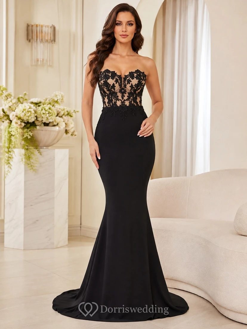 Black Nude Lace Mermaid Sweetheart Floor-length Formal Evening Gown