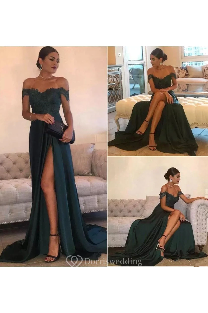 Off-the-shoulder A-line Floor-length Court Train Sleeveless Chiffon Lace Evening Dress with Zipper Back