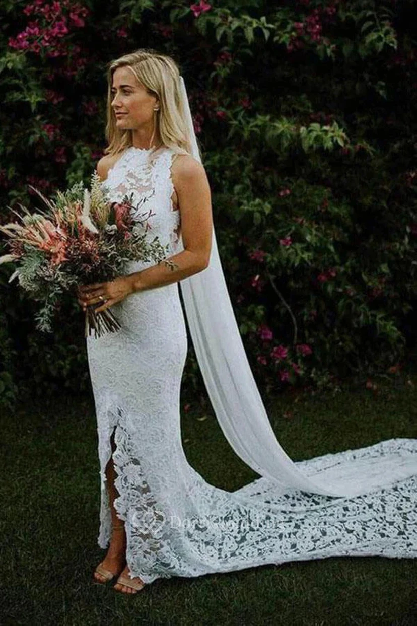 Ärmelloses, ärmelloses Brautkleid mit Spitzenkragen und Schlitz vorne