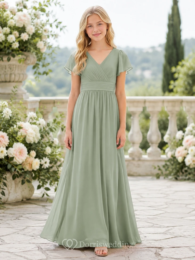 Celadonfarbenes Brautjungfernkleid für junge Damen, A-Linie, V-Ausschnitt, kurze Ärmel, plissiert, elegant