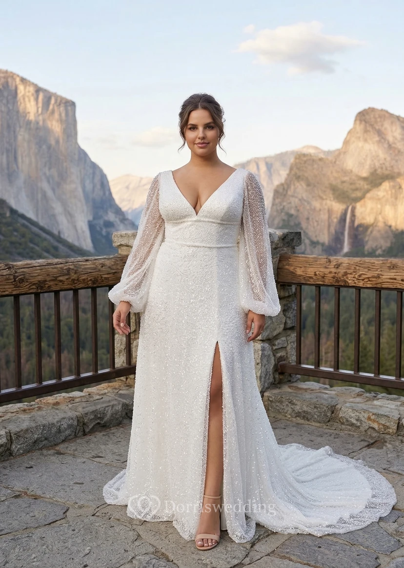 Plus Size Sparkle Long Sleeve Wedding Dress with V-Neck and Front Split