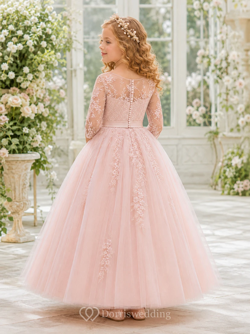 A-Line Royal Inspired Flower Girl Dress with High Neck, Long Illusion Sleeves, Floral Lace, Full Tulle Skirt, Formal Court Style view 2