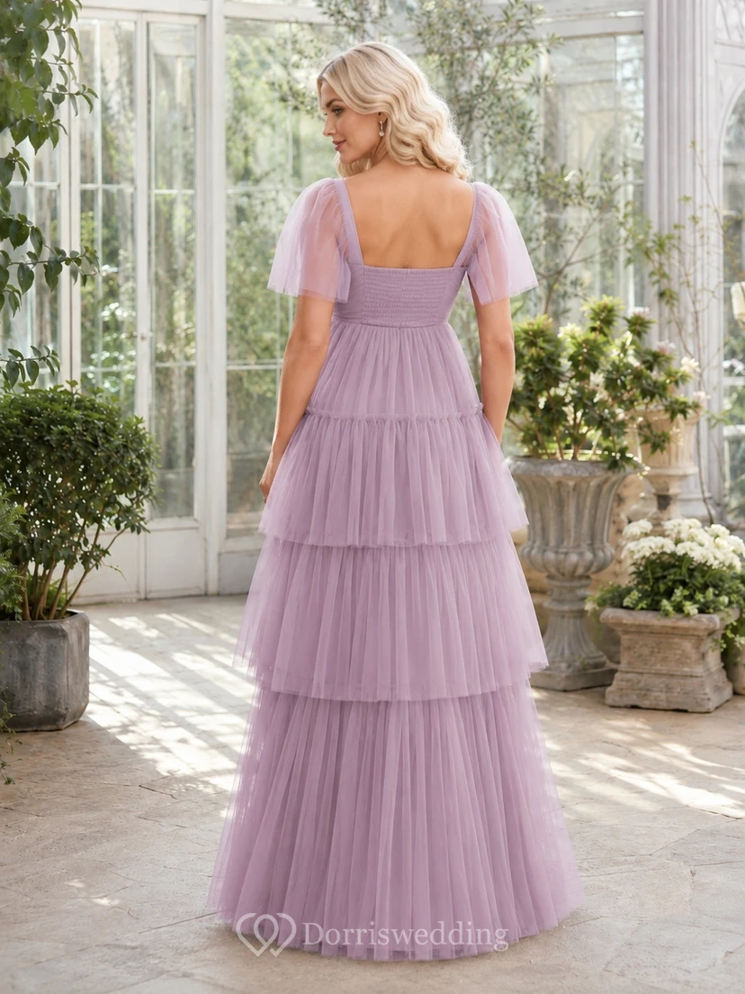 Vestido formal largo hasta el suelo de tul escalonado con mangas de volantes color lavanda estilo imperio view 2