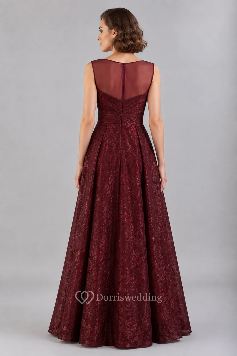 Robe de soirée bordeaux illusion bateau trapèze avec corsage en dentelle view 2