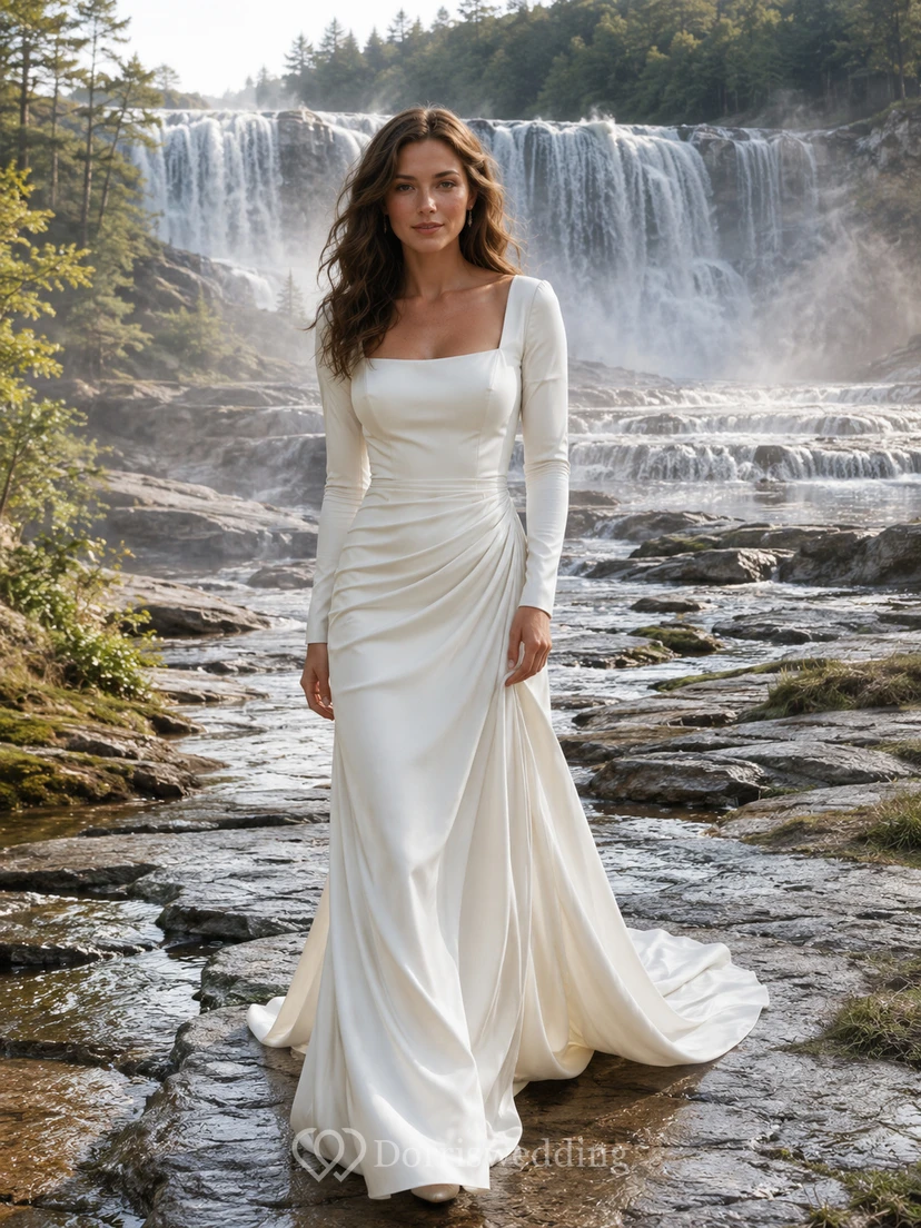 Brautkleid mit eckigem Ausschnitt, langen Ärmeln und Wasserfall-Drapierung