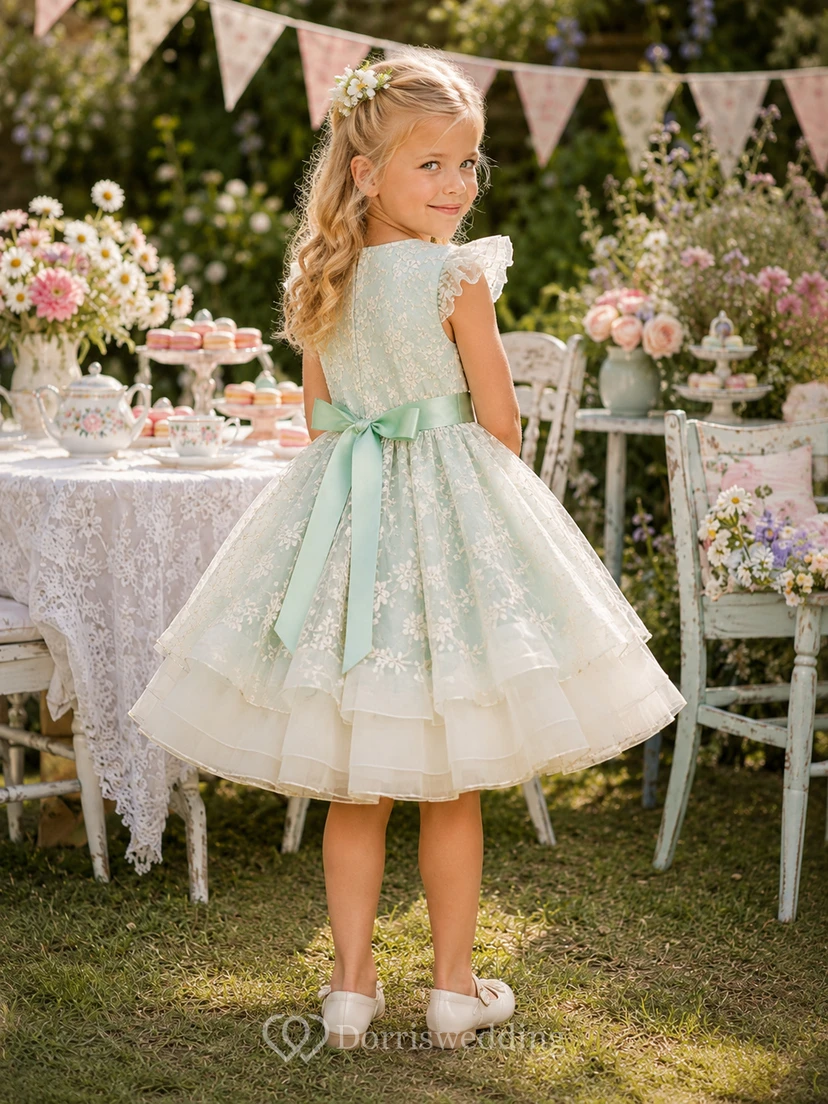 Mint Flower Girl Dress Vintage Knee-Length Ball Gown Floral Lace Tiered Organza Bow view 2