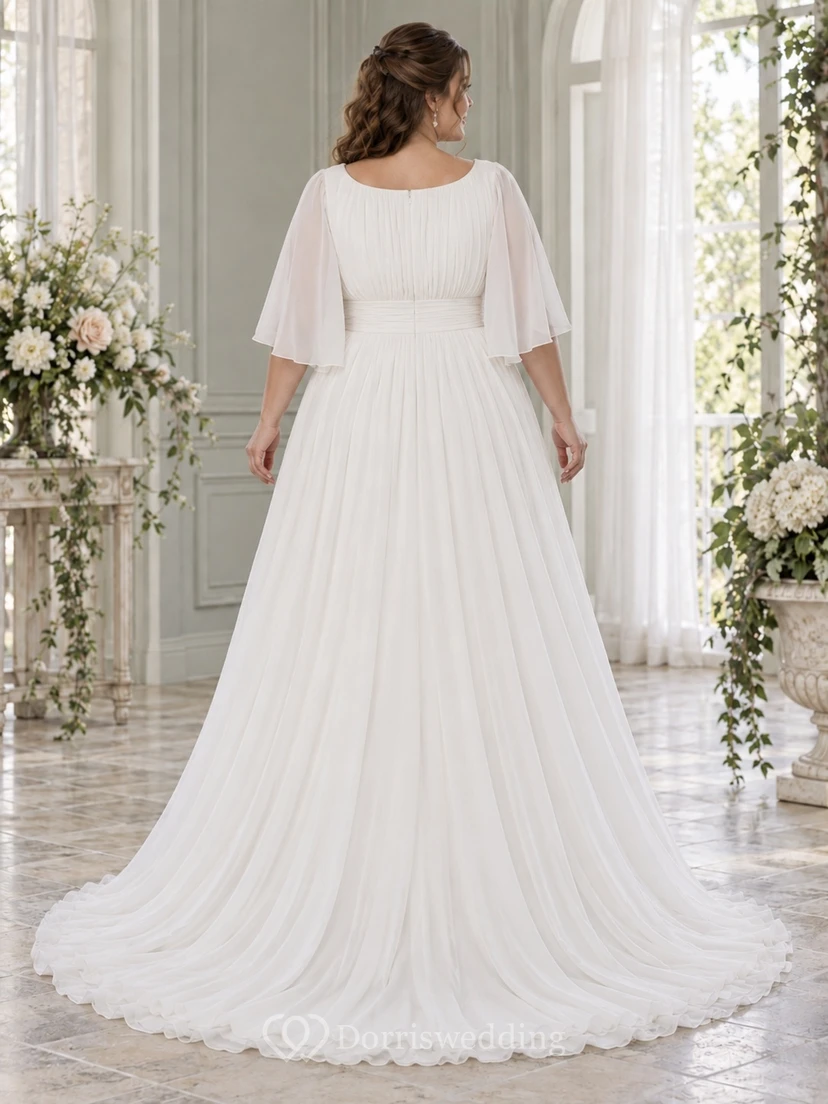 Vestido de novia de gasa de corte A con escote redondo discreto, mangas cortas con volantes y cintura fruncida. view 2