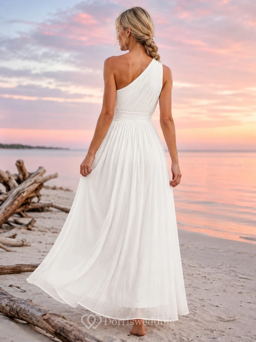 White Chiffon Pleated One-Shoulder Sleeveless A-Line Floor-Length Beach Dress view 2