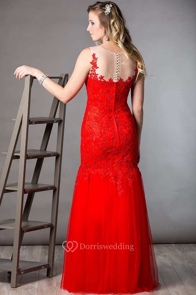 Illusion Neckline Sleeveless Mermaid Tulle Long Mother Of The Bride Dress With Appliqued Top view 2