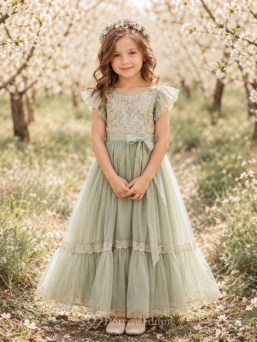 Vestido de niña de las flores color verde salvia, encaje, tul, corte en A, manga corta, cuello joya, largo hasta el suelo, detalle de lazo, falda escalonada