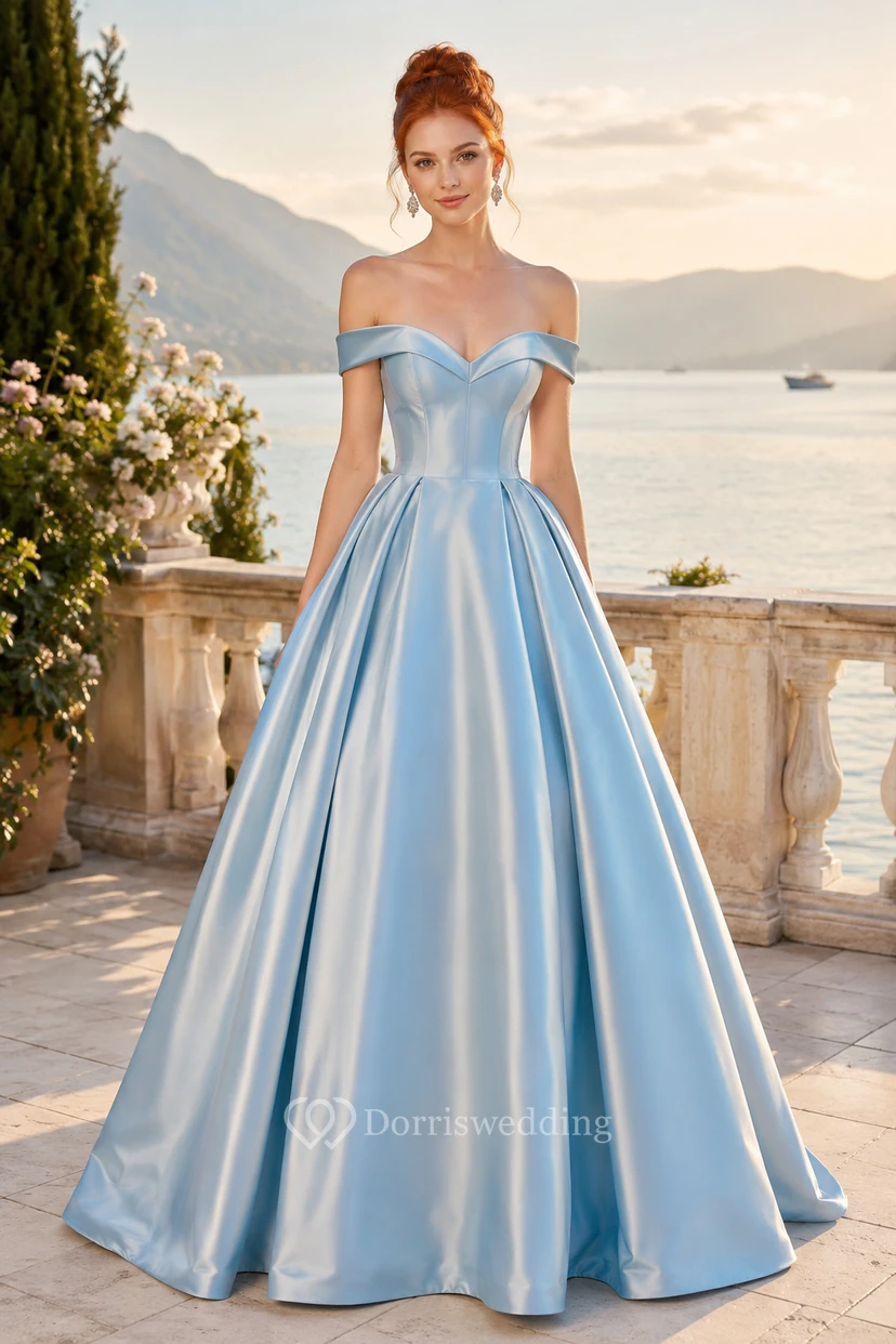 Himmelblaues schulterfreies Satin-Ballkleid für Abschlussball und festliche Anlässe, z. B. für den Abend des Abschlussballs und formelle Empfänge
