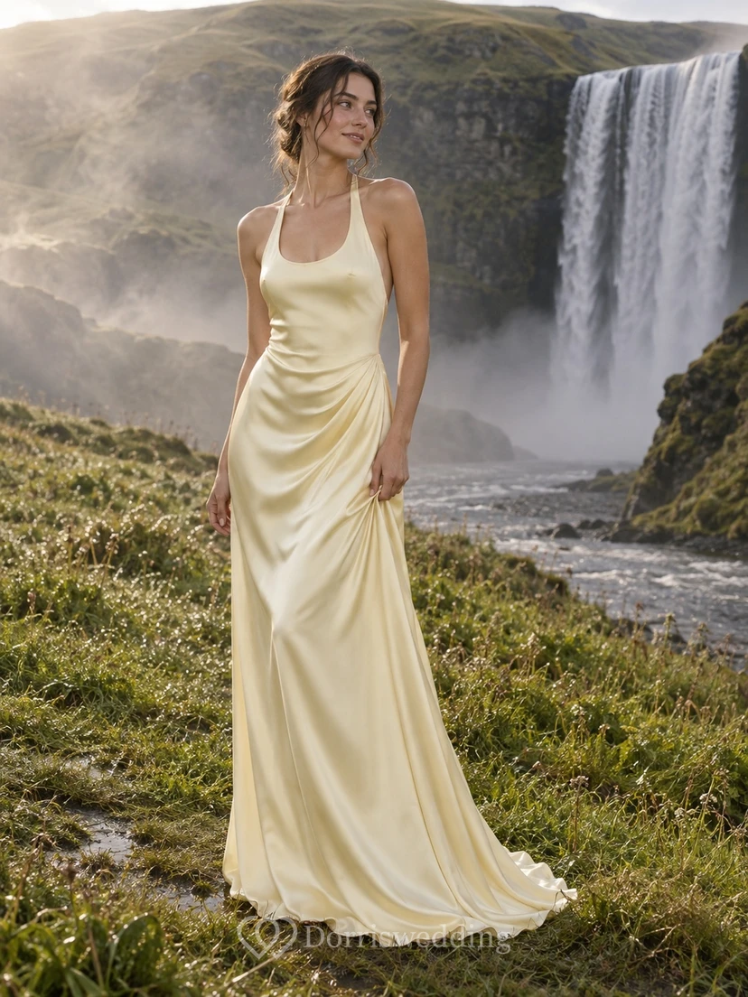 Vestido de novia sencillo de charmeuse con escote halter, escote redondo, drapeado lateral y espalda estilo nadadora.