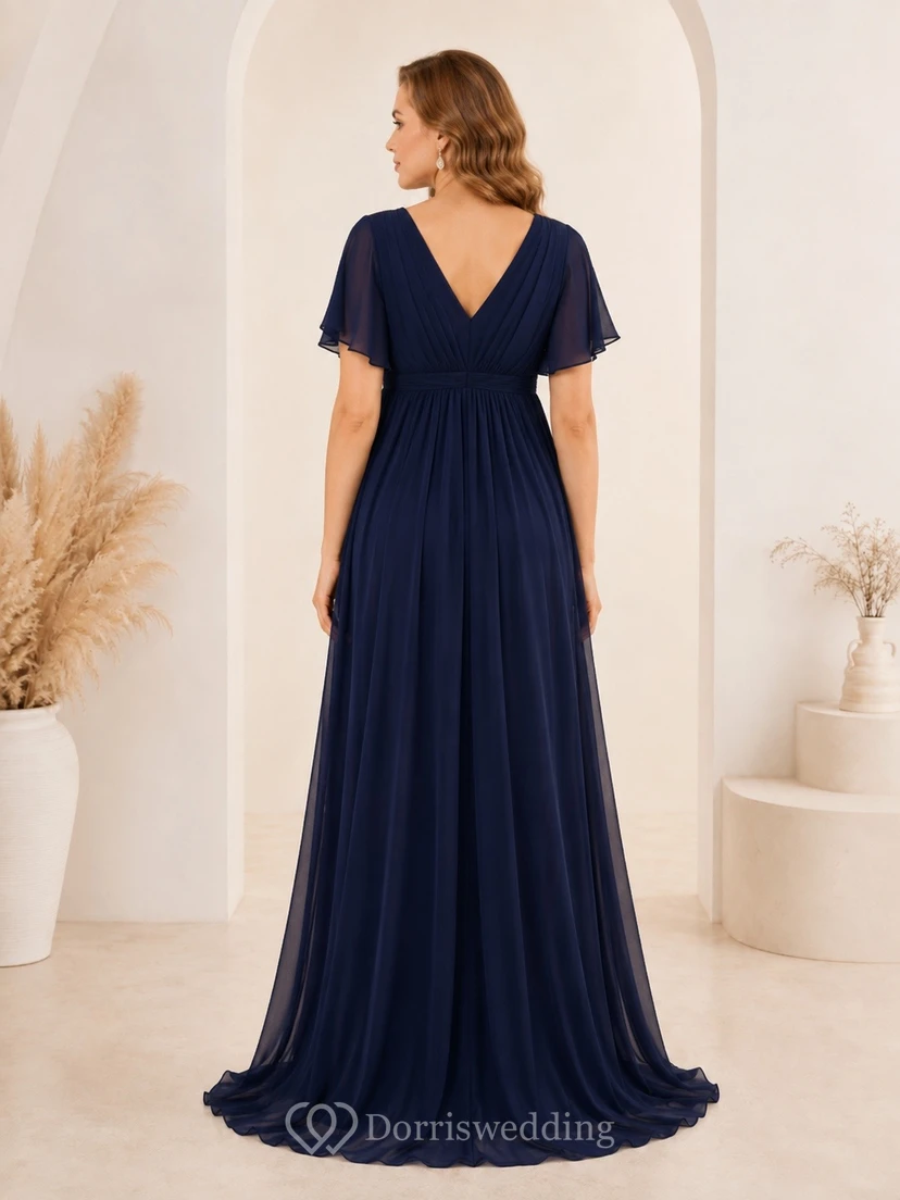 Maternity Navy V-Neck Flutter Sleeve Empire Floor-Length Formal Dress view 2