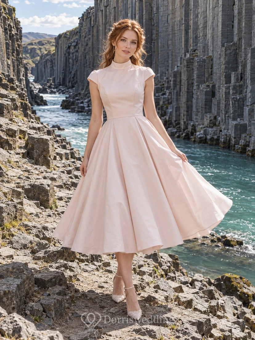 Tea Length Blush High Neck Cap Sleeve Taffeta Wedding Dress with Full Skirt