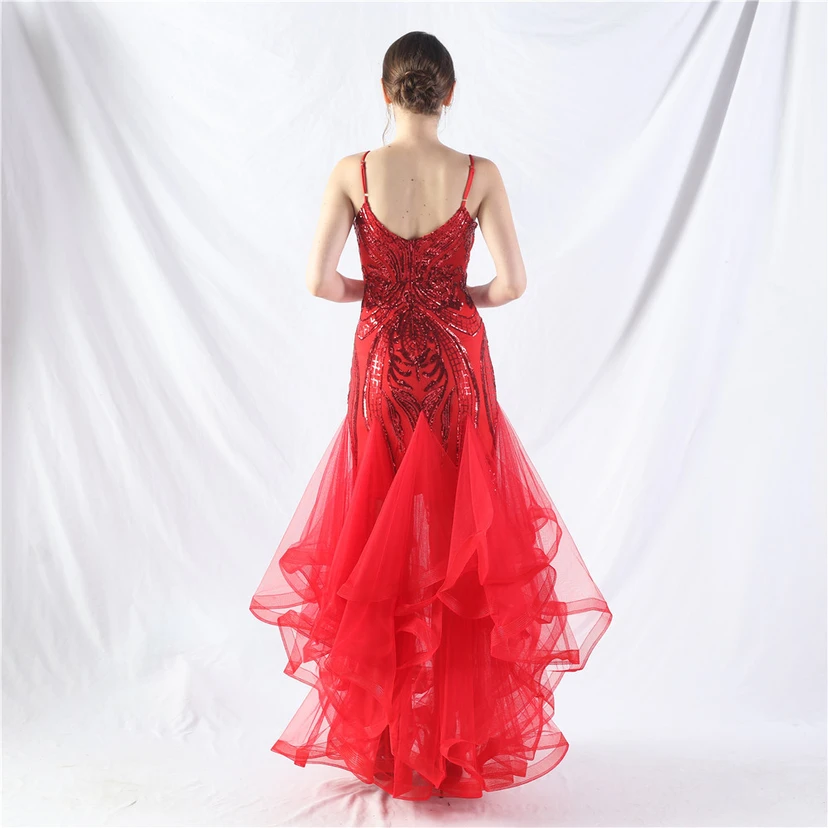 Vestido de actuación para celebración de baile caliente con cuentas de flores y posicionamiento de red rígida. view 6