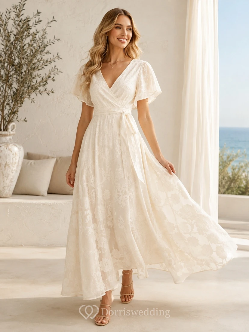 Bohemian Ivory V Neck Short Sleeve Floral Chiffon A Line Dress