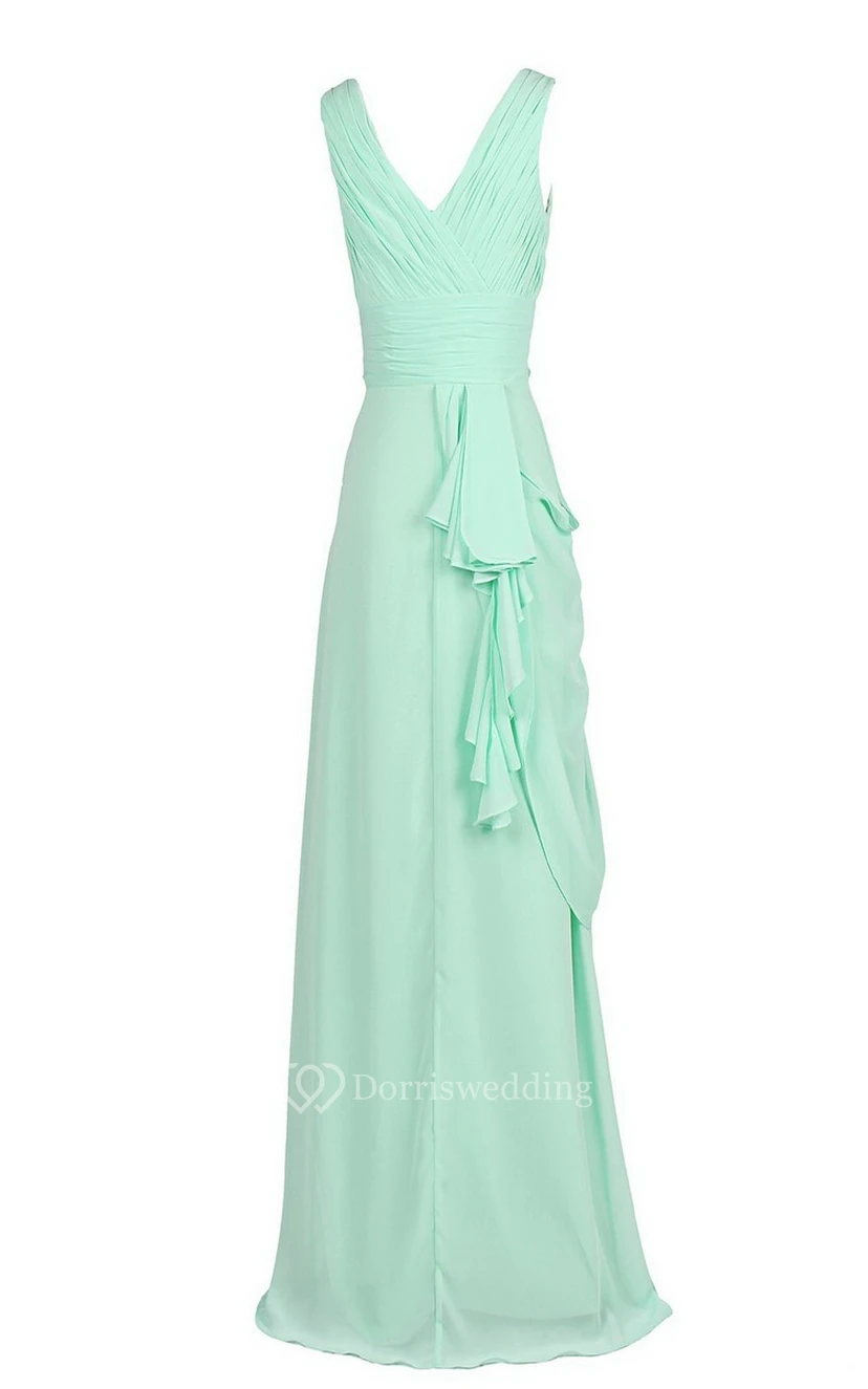 Sleeveless V-neck Gown With Draping and V-back view 4