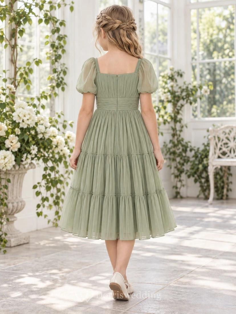 Square Neck Tea-length Sage Puff Sleeve Pleated Chiffon Flower Girl Dress view 2
