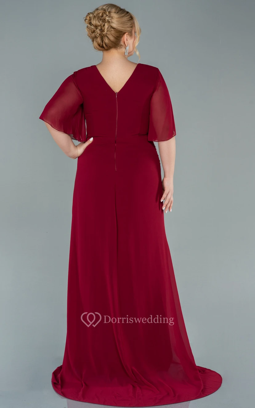 Elegant Half-sleeve V-neck Empire Chiffon Slit Front Draped Plus Size Mother of Bride Dress view 4