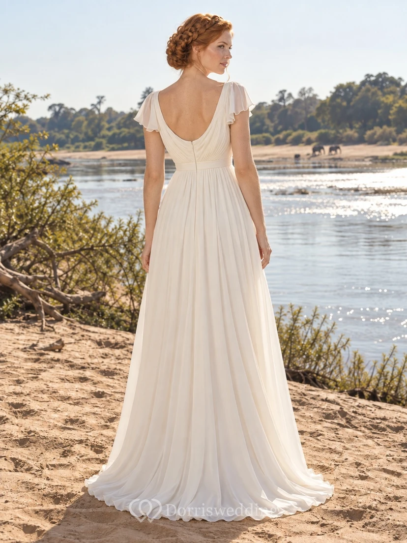 Vestido de novia sencillo de gasa con escote redondo, manga corta y corte en A con cintura fruncida. view 2