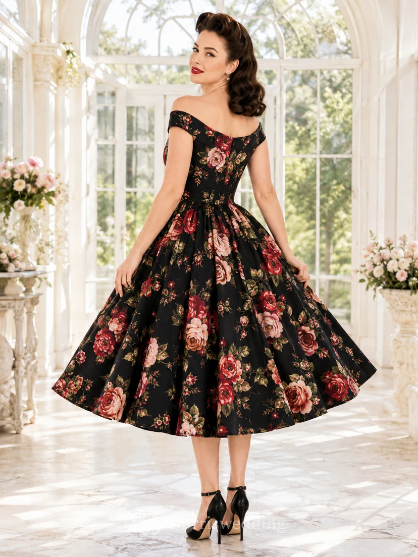 Vestido de invitada romántico negro con estampado floral, hombros descubiertos, manga corta, de algodón, corte en A y largo hasta la rodilla. view 2