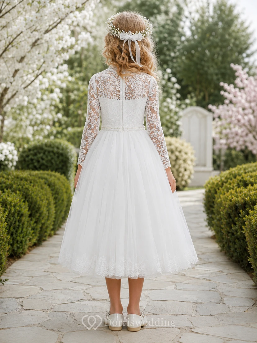 Gartenkleid mit hohem Kragen, langen Ärmeln, Spitze, für Blumenmädchen, Teelänge view 2