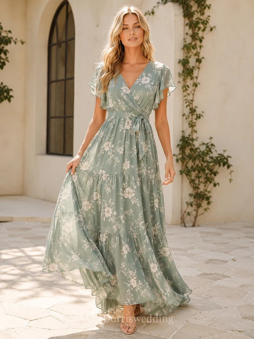 Robe longue d'invitée à volants, col en V et manches papillon, couleur sauge