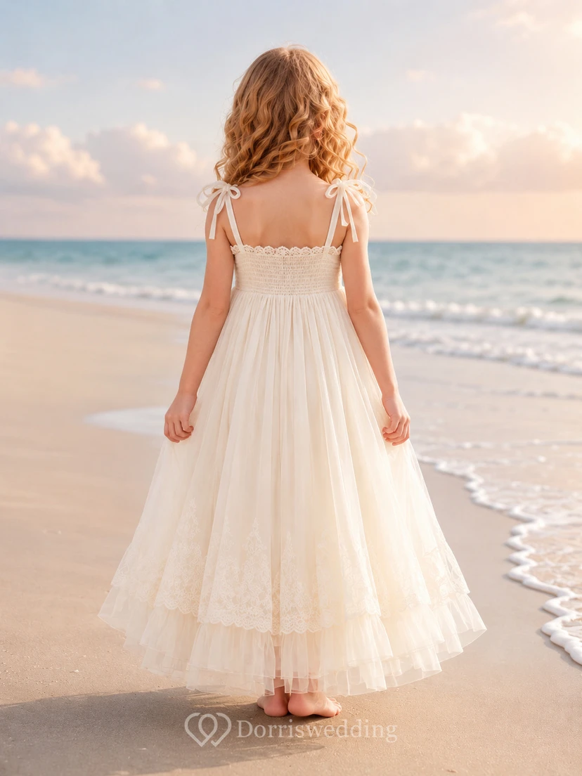 Strandtüll-Blumenmädchenkleid in A-Linie mit Bindebändern, wadenlangem Rock und Schärpenverzierung view 2