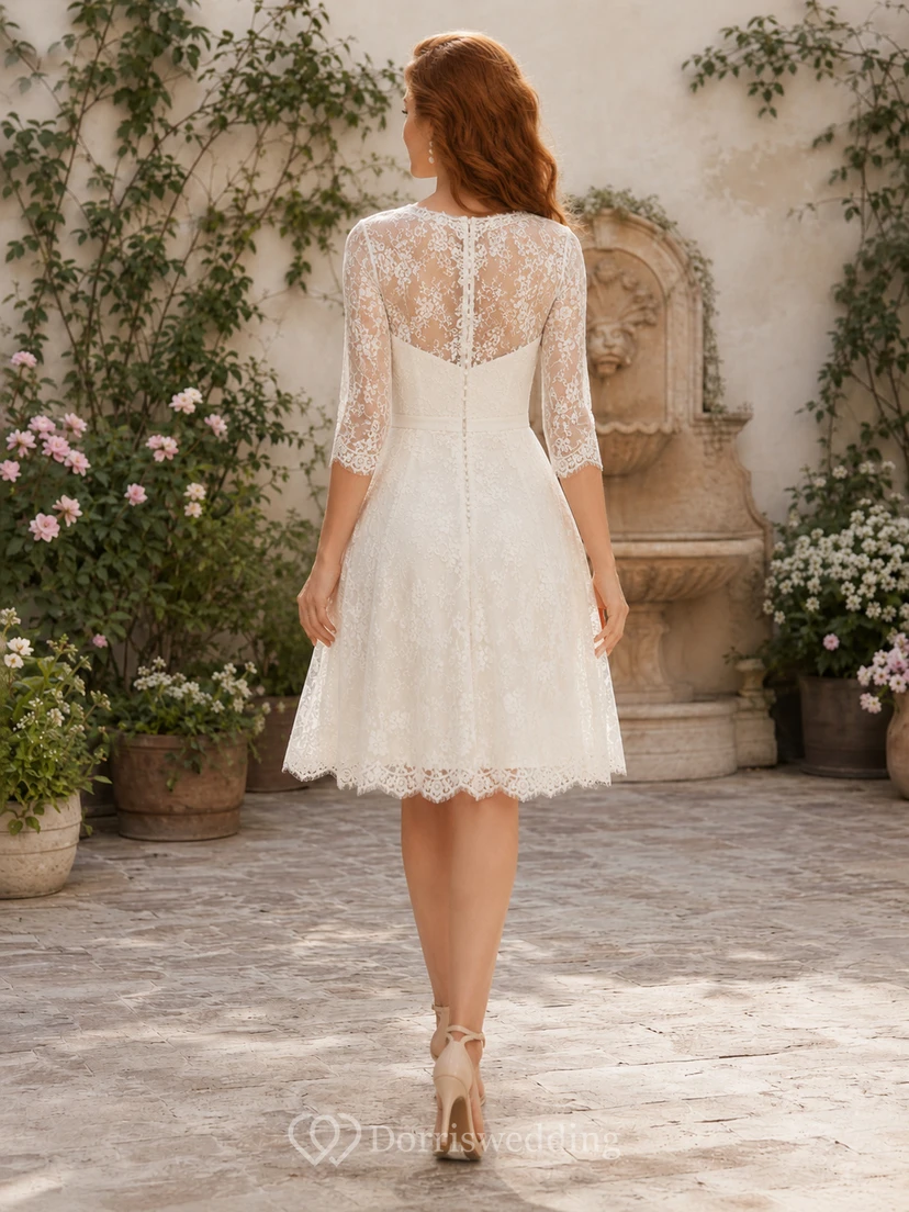 Illusion Bateau Three-Quarter Lace Sleeve A-Line Knee-Length Wedding Dress view 2