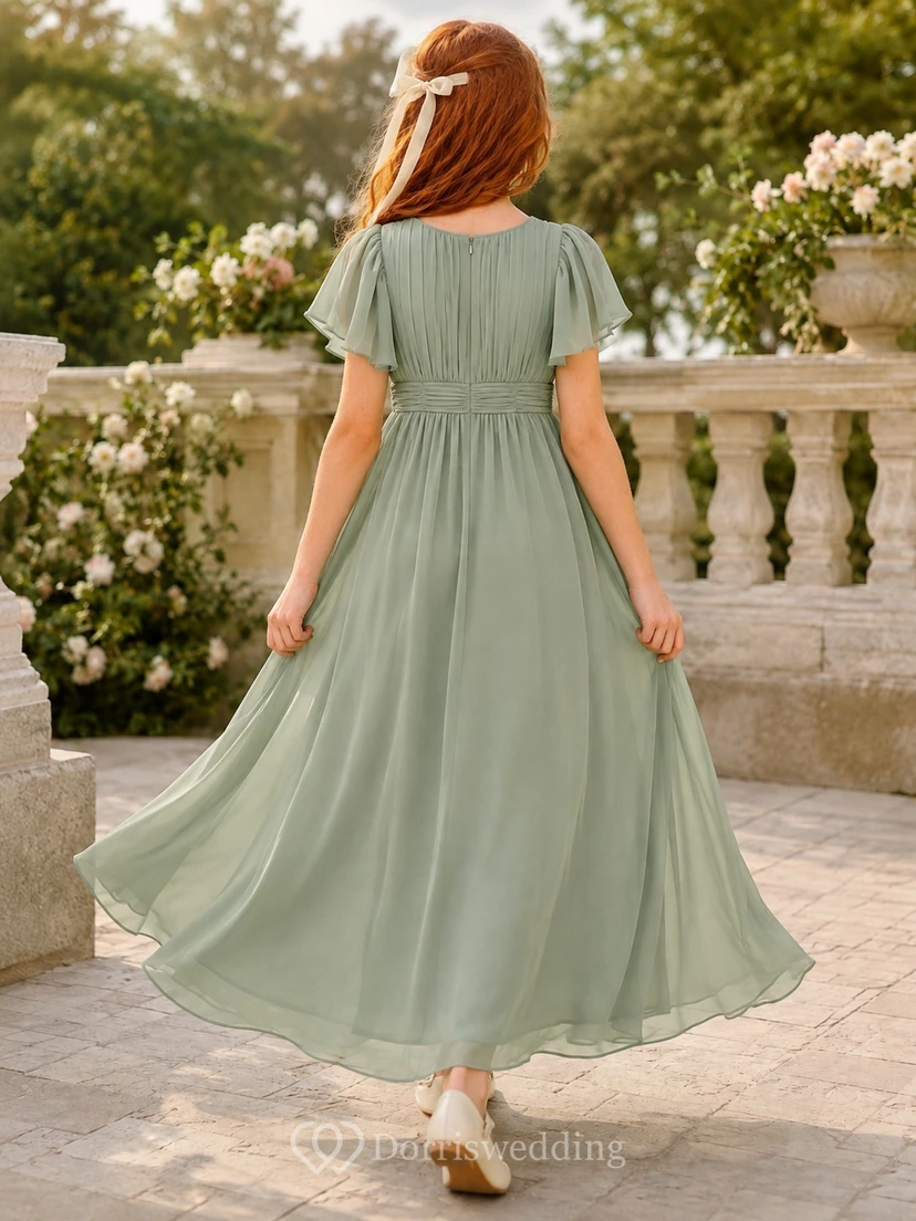 Sage Flutter Sleeve Ruched Chiffon Ankle-Length Empire Elegant Modest Flowergirl Dress view 2