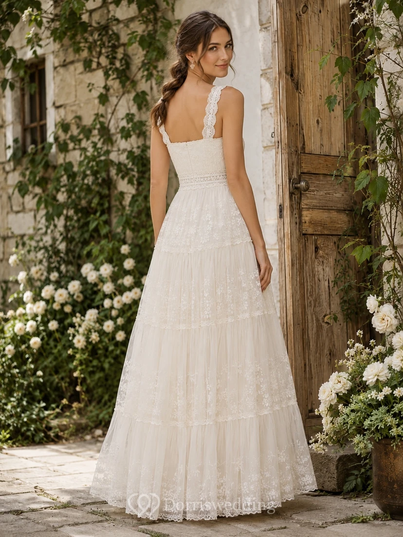 Vestido de novia bohemio de corte A, largo hasta el suelo, con escote cuadrado, tirantes y encaje. view 2
